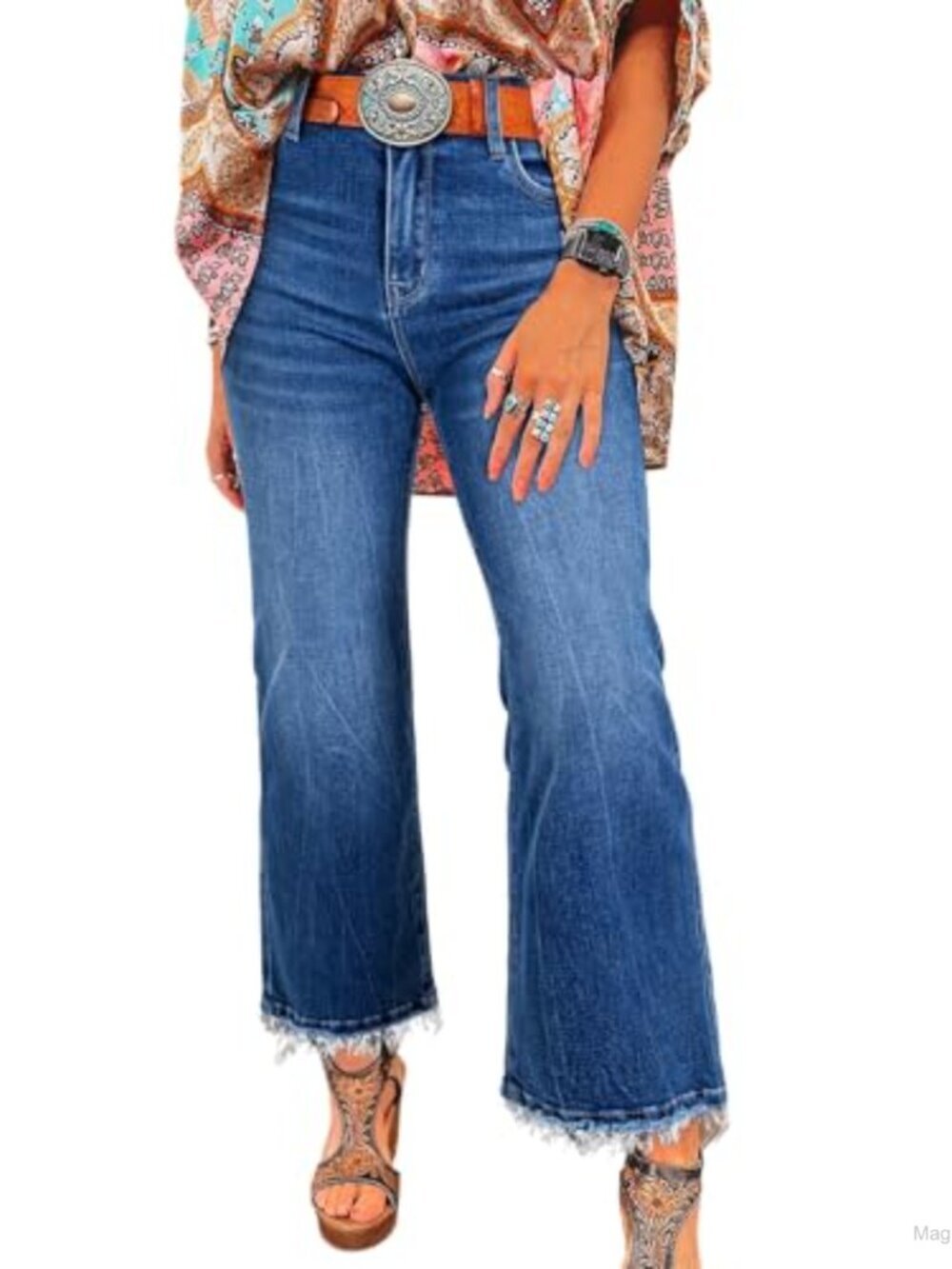 High Waisted Flared Jeans with Raw Hem Trim Stretchy Womens Retro Style